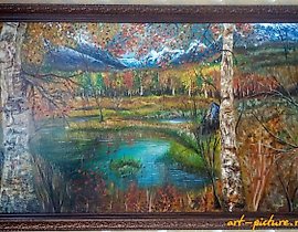 "Calm bay, canvas on stretcher, oil, palette knife, brush."