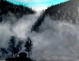 The translation of the text is: "Fog in the mountains oil on canvas MDF."