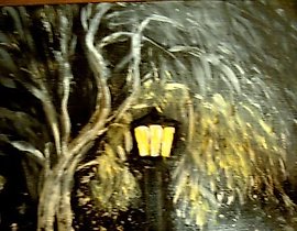 The text translates to: "Night, street, lamp, but without a pharmacy. Oil, hardboard."