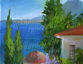 海边的凉亭，油画，布面