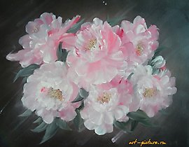 The translation of "пионы масло, холст" into English is "peonies oil, canvas."