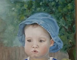 The translation of "Мальчик с яблоком холст масло" into English is "Boy with an apple, canvas oil."