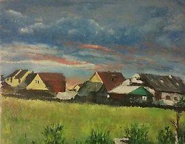 The translation of "Дача холст масло" into English is "Dacha canvas oil." It appears to refer to an oil painting on canvas, possibly related to a dacha (a country house or cottage in Russia).