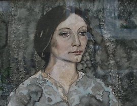 女孩穿着灰色。纸上，水彩画。66 x 56 厘米。