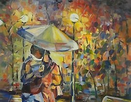 "Rainy evening oil, foam board, pointillism technique."