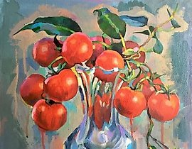 " bouquet of tomatoes canvas, acrylic, tempera"