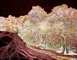 The translation of "Коричневое поле Шелк-горячий батик" into English is "Brown field Silk-hot batik."