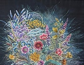 The translation of "Букет Шелк-холодный батик" into English is "Silk-cold batik bouquet."