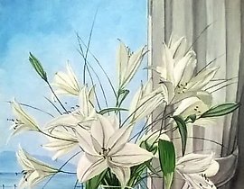 The translation of the text "Букет у окна масло, холст" into English is "Bouquet by the window oil, canvas."