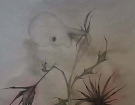 The translation of the text is: "Flowers watercolor, pencil, watercolor paper."