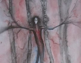 The text translates to "Fall watercolor, pencil, watercolor paper" in English.