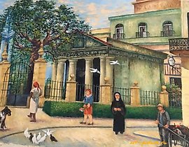 The translation of "El templete масло/холст" into English is "The gazebo oil/canvas."