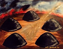 The text translates to: "War of the Worlds Canvas, oil, sand."