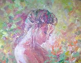 The translation of "Нежность масло, холст" into English is "Tenderness oil on canvas."