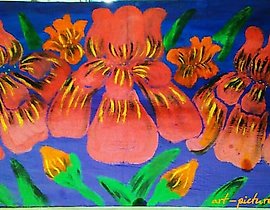 红色鸢尾花在蓝色背景上 - 水粉画在纸板上 -