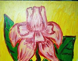 "Pink iris on a yellow background; -acrylic on hardboard-"