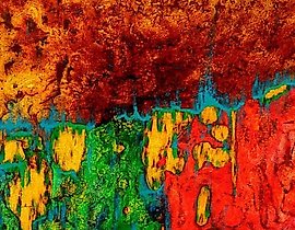 Turquoise on green silk, gold, acrylic, varnishes, mixed media.