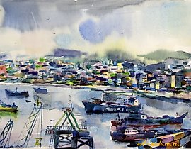 The translation of "CHILE AQUARELLE,PAPER" into English is "CHILE WATERCOLOR, PAPER."