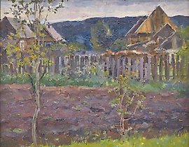 The translation of the text "Вид из моего окна масло, картон" into English is "View from my window oil, cardboard."