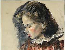 The text translates to "Portrait of a girl. Paper, pastel."