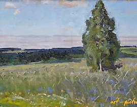 "Rye field. Cardboard, oil."