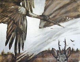 "Deer" oil, wood, primed paper, silver leaf.