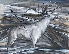 "The Stag is struck by an arrow" from the series "Cossack Glory" watercolor, ink, white paint, toned paper.
