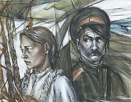 "Matchmaking" from the series "Cossack Glory" watercolor, ink, white paint, toned paper.