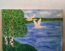 The translation of the text "Лебеди улетают на юг масло,холст" into English is: "Swans are flying south oil, canvas." 

Please let me know if you need further assistance or context!