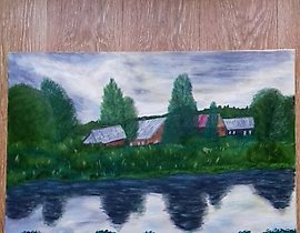 The translation of the text "Домики на берегу Ингоды масло, холст" into English is: "Houses on the banks of the Ingoda, oil on canvas."