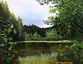 The translation of the text "Озерцо Масло, холст" into English is "Pond Oil, canvas."