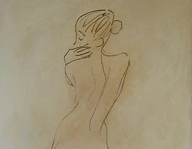 The translation of the text into English is: "Sketch from the back, oil on cardboard."