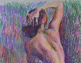 "Nude with hand thrown behind the head, oil pastel."