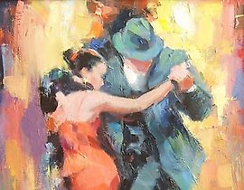 The text translates to "Dancing couple oil, canvas" in English.