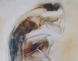 The text translates to "On one leg, oil, cardboard."