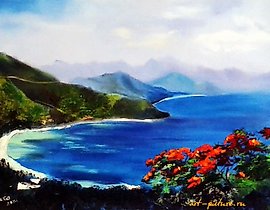 The translation of the text "У райских берегов масло, холст" into English is "At the paradise shores, oil, canvas."