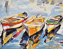 The translation of the text is: "Boats2 tempera, canvas on cardboard."