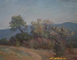 "The thistle is in bloom. Canvas, oil. 51 x 65 cm"