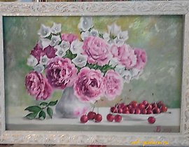 "Bouquet of Pink Peonies" still life canvas, oil, mastichin, frame