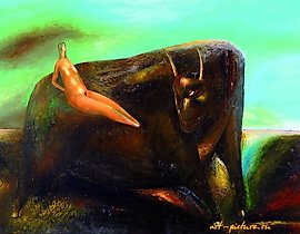 The translation of the text "Похищение Европы Холст .масло" into English is "The Abduction of Europa Canvas. Oil."