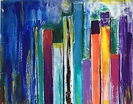 The translation of the text is: "Rain over the city acrylic, appliqués."