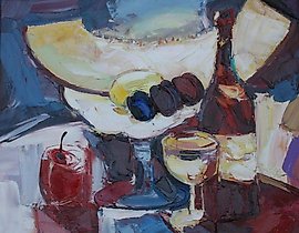 三颗李子。画布，油画。50 x 60 厘米。