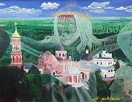 The translation of the text "Рождение души масло, холст" into English is "The Birth of the Soul, oil on canvas."