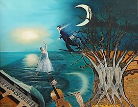 The translation of the text is: "Materialization of music oil, canvas."