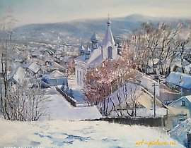 The translation of the text "Церковь Масло, холст" into English is "Church Oil, canvas."