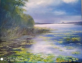 The translation of "Озеро Масло, холст" into English is "Lake Oil, canvas."