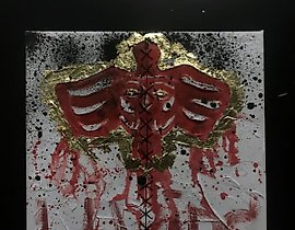 "PARTY canvas, oil, decorative plaster, gold leaf, threads"