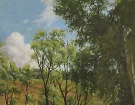 The translation of "Речка возле леса масло, холст" into English is "Stream by the forest oil, canvas."