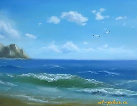 The translation of "Берег моря масло, холст" into English is "Seaside oil, canvas."