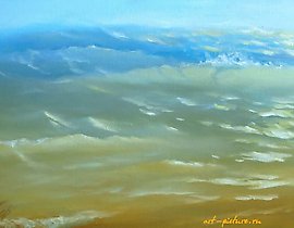 The translation of the text "Блики на воде масло, холст" into English is "Reflections on Water, oil on canvas."